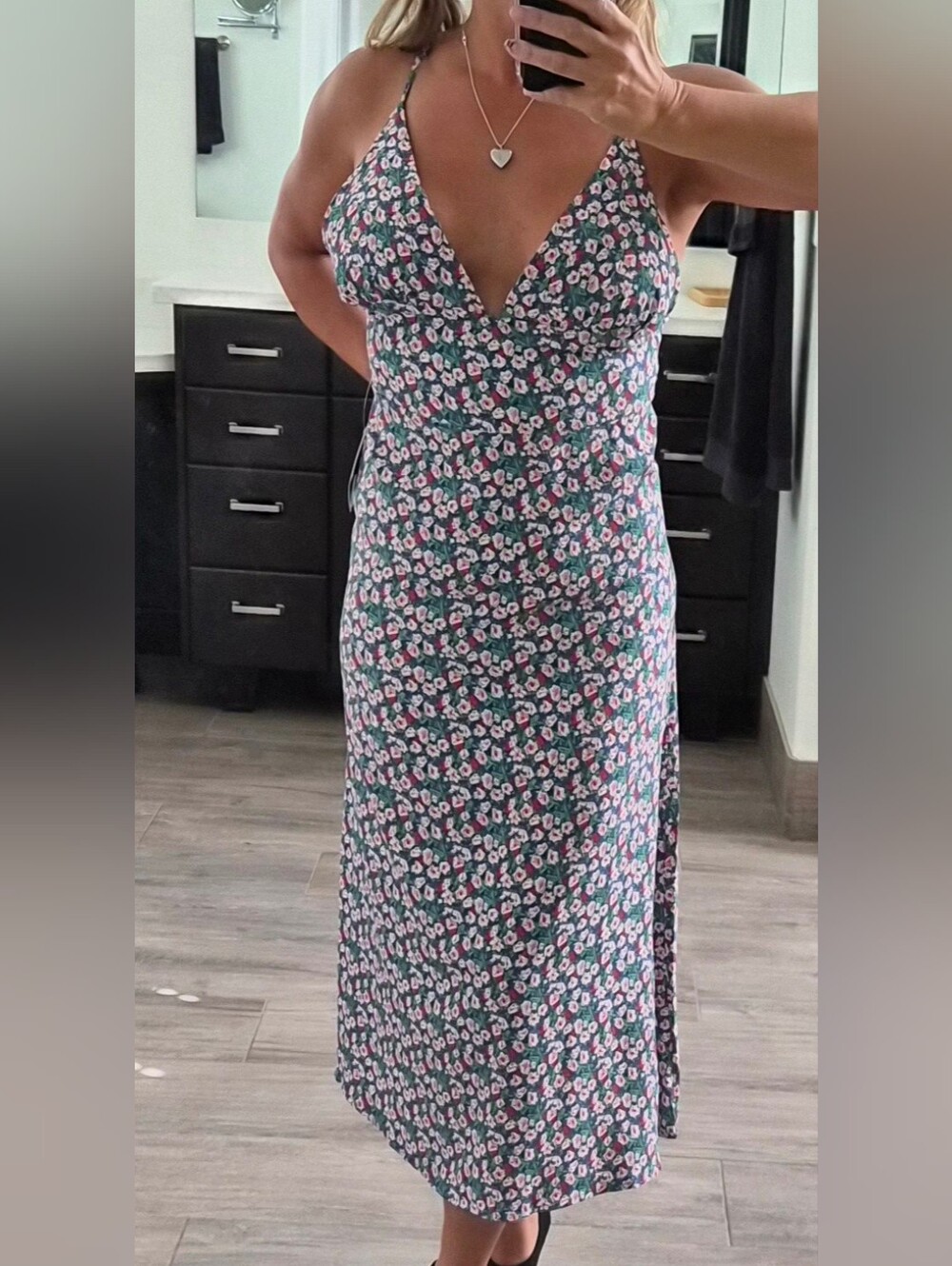 Floral V-Neck Slip Dress in Blue Green and Rink